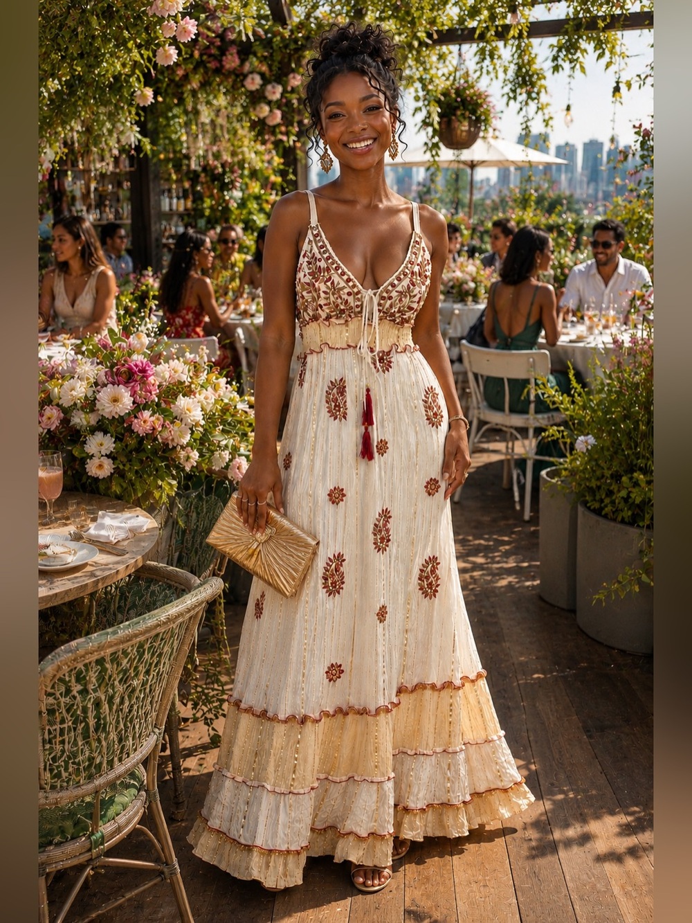 NWOT Stunning Romantic Ivory Maxi Dress w/Metallic Gold & Burgundy Embroidery